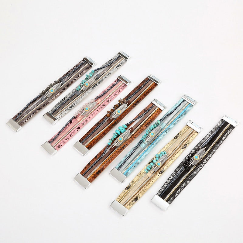 Wholesale Retro Ethnic Style Woven Turquoise Multi-layer Bohemian Magnet Buckle Feather Bracelet
